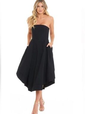C/MEO Collective Strapless Black Asymmetrical Midi Dress with Pockets